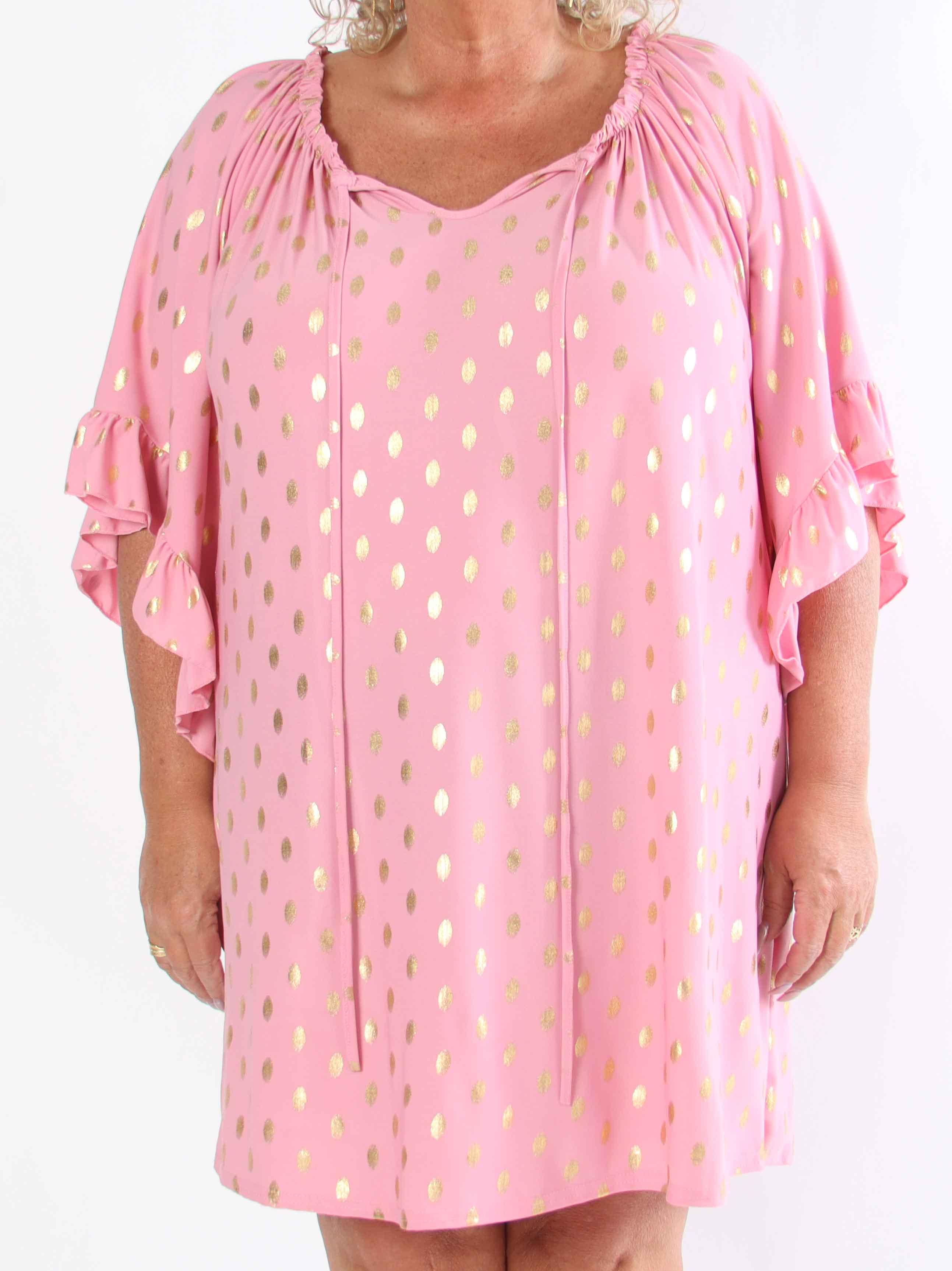 Yasma - Plus size tunikakjole med guld prikker og flæseærmer